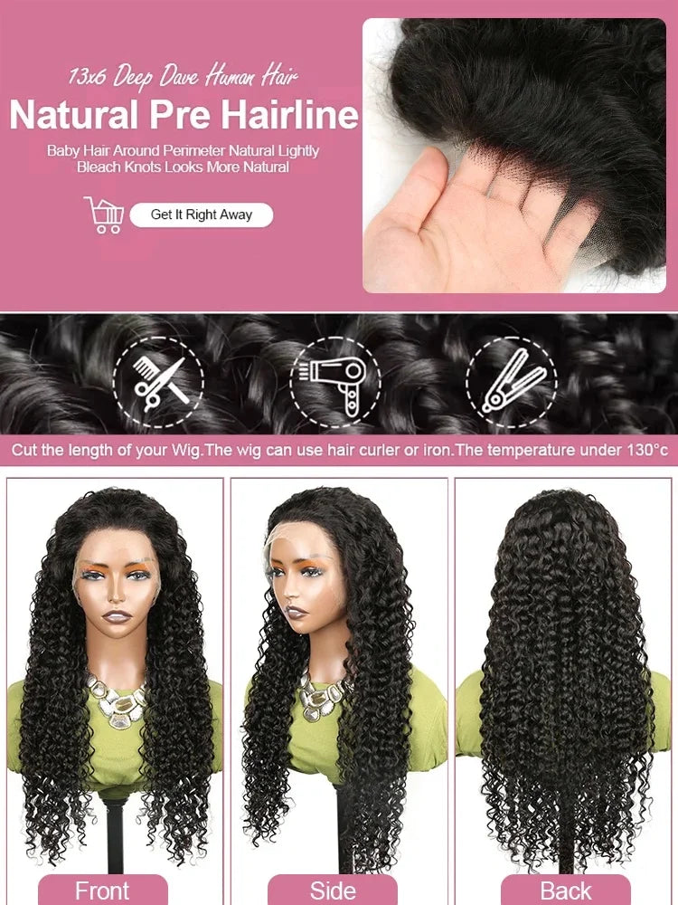 250 Density Deep Wave 40 Inch 13x6 Hd Lace Front Wig Human Hair Curly Wigs Water Wave Transparent Lace Front Wig For Black Women