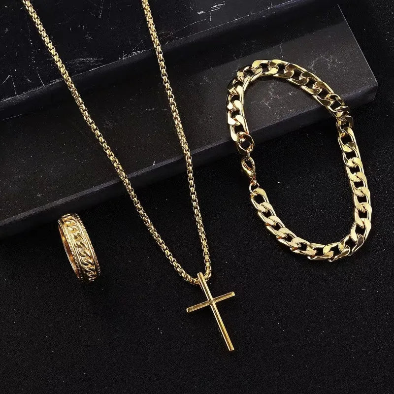 Hip Hop Fashion Cross Pendant Necklace Bracelet Chain Ring Men's Set Simple Personality Party Three Piece Jewelry Accessories