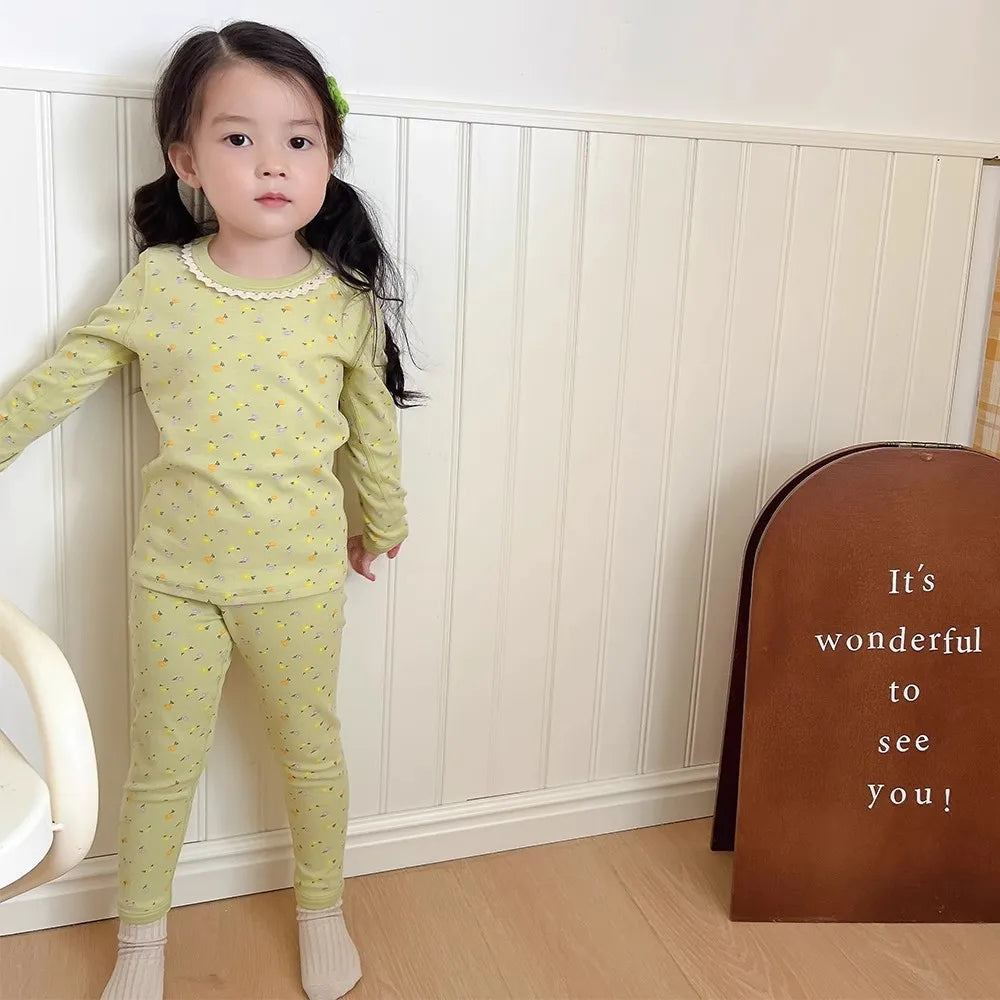 Girls' Floral Pajama Set – Soft Warm 2-Piece Spring & Autumn Baby Sleepwear