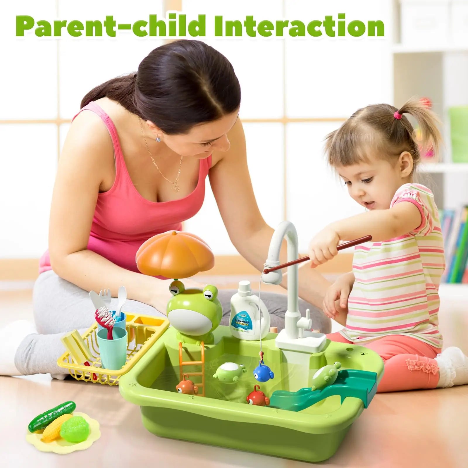 Kids Electric Kitchen Sink Toy – Pretend Play Dishwasher with Running Water & Fishing Game for Girls