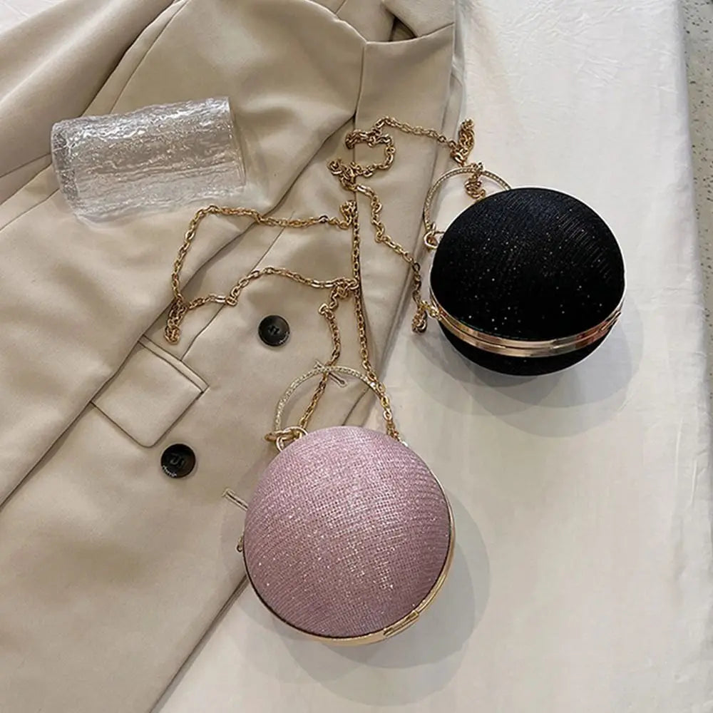 Gold Bright Silk Circular Evening Bag Women Banquet Clutch Rhinestone Decor Chain Shoulder Bags Luxury Female Party Handbags