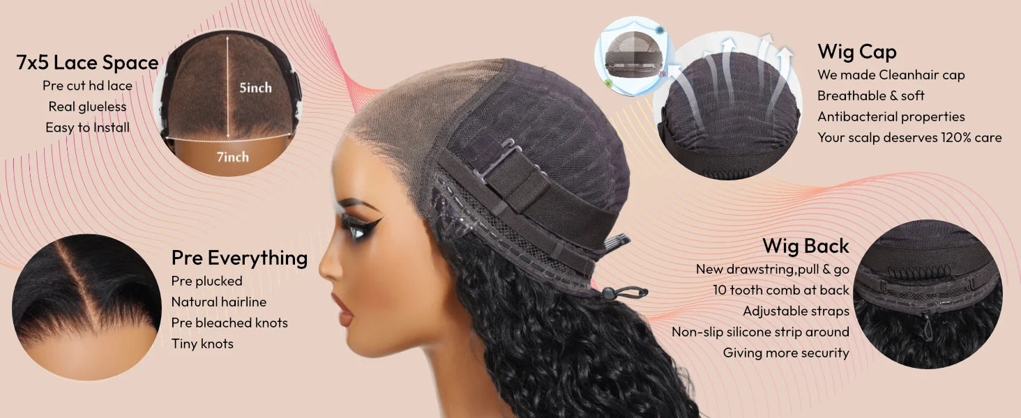 UNice 7x5 & 13x4 Lace Water Wave Human Hair Wig With Drawstring & Baby Hair Pre Cut Pre Bleached Glueless Wig