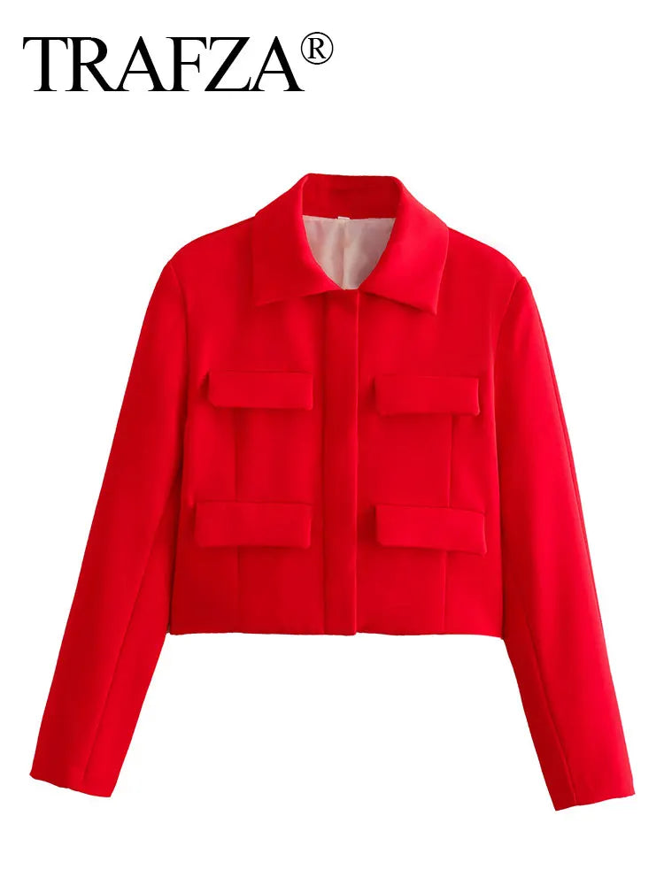 Women's Solid Office Jacket – Long Sleeve Button Coat with Pockets