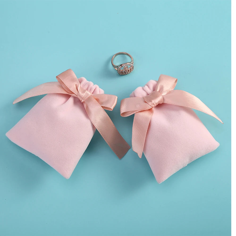 10pcs/lot 7x9cm Pink Velvet Ribbon Bag Drawstring Earrings Rings Necklace Bracelet  Wedding Christmas Gift Storage Pouches