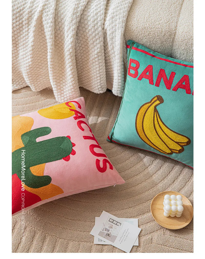 Ins Letter Fruit Embroidered Cushion Cover | 45×45cm Nordic Velvet Pillowcase | Handmade Home Decor