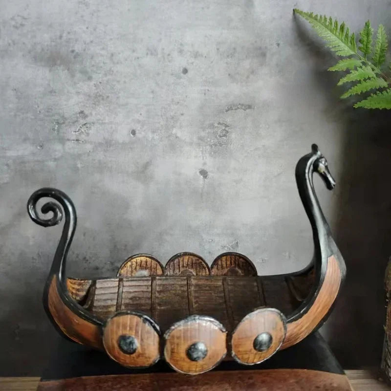Nordic Viking Ship Resin Ornament | Retro Dragon Head Longship Desktop Decor | Antique Nautical Home Decoration Gift