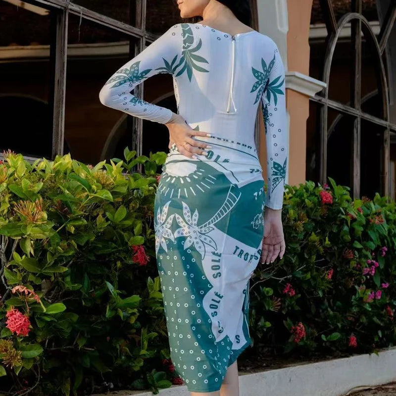 2025 New Pattern Printed Bathing Bikini Dresses Casual O Neck Long Sleeved Slim Fit Beachwear Summer Bohemian Lace Up Swimsuit