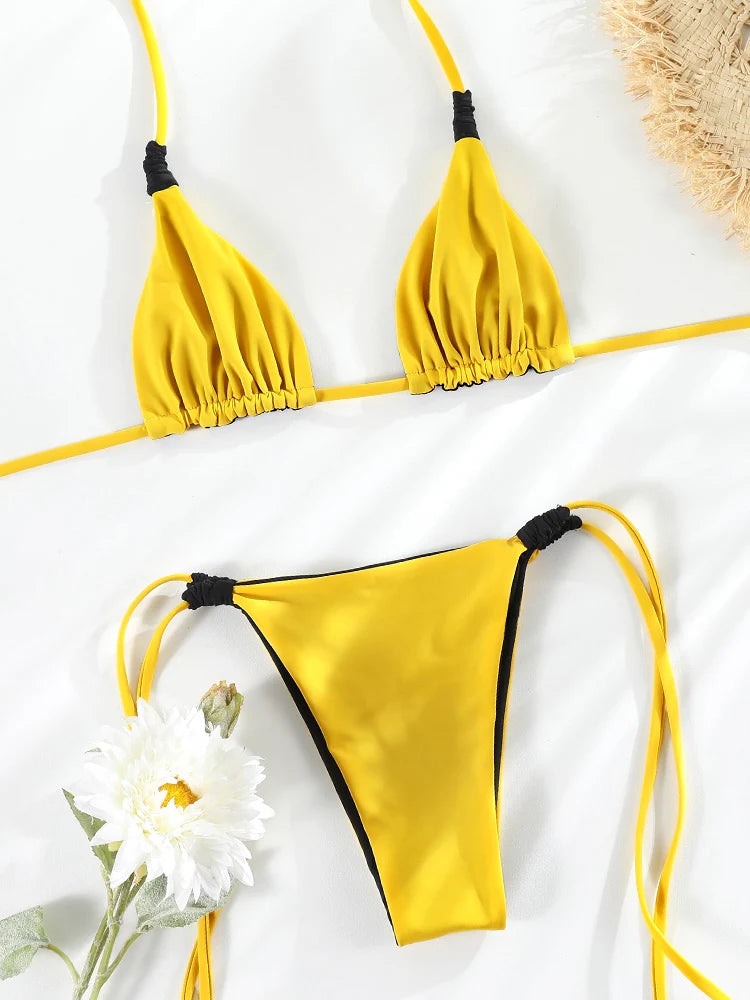Two Side Triangle Bikini Set Women, Yellow Beachwear, Extreme Swimwear, 2025 Swimsuit, Reversible Thong Biquini, Two Piece Suits