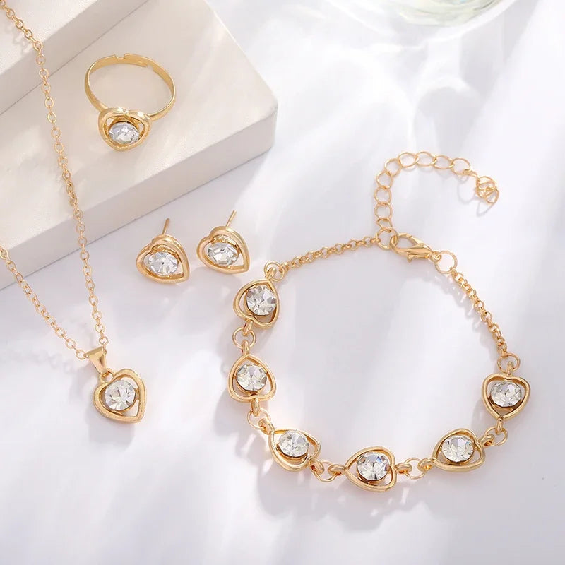 Gold Heart Shaped Jewelry Set – 5-Piece Rhinestone Double Heart Ring, Earrings & Necklace for Women