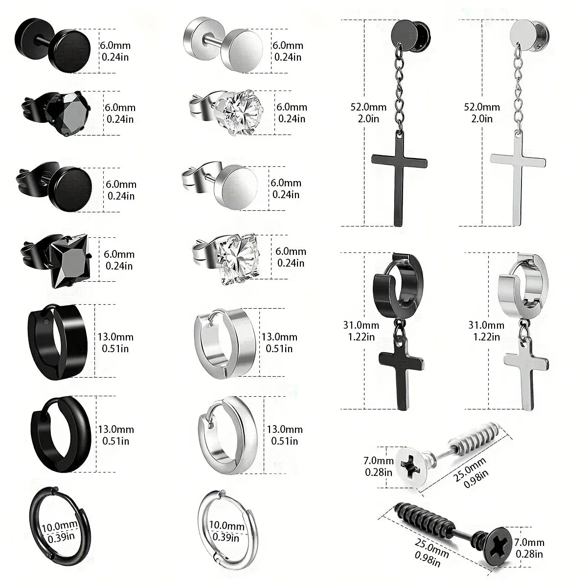 Simple Stainless Steel Zircon Stud Earrings For Men, Cross Pendant Hoop Earrings For Daily Wear