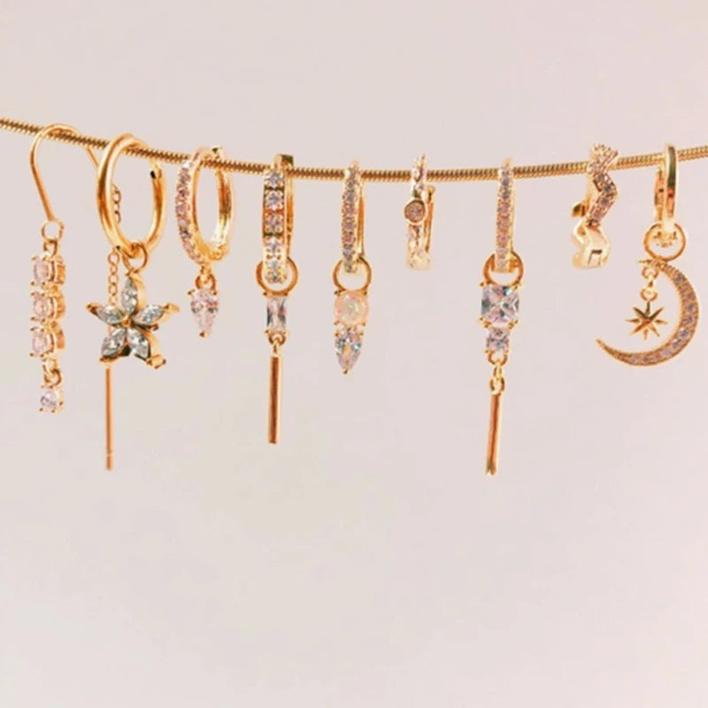 WOMEN 925 Silver Needle Water Drop Geometric Zircon White Zircon Crystal Flowers Pendant Hoop Earrings Fashion Wedding Jewelry