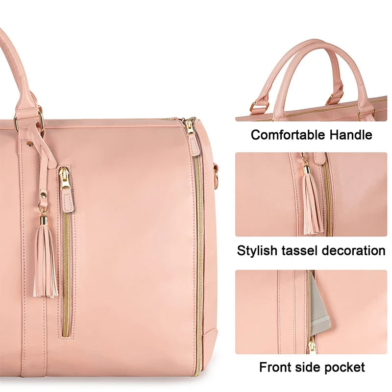 Women PU Leather Travel Bags Large Capacity Luggage Shoulder Bag Designer Hanging Convertible Totes Folding Business Handbags