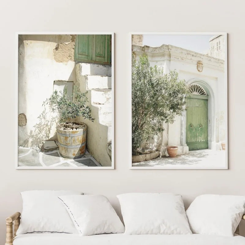 Italy Malta Olive Tree City Canvas Print | 2pcs Mediterranean Minimalist Wall Art Poster | Unframed Home Decor Gift