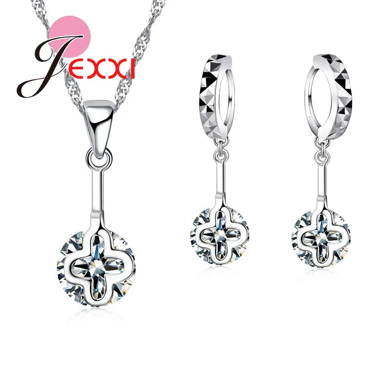 925 Sterling Silver Wedding Jewelry Set – Austrian Crystal Hollow Necklace & Dangle Earrings