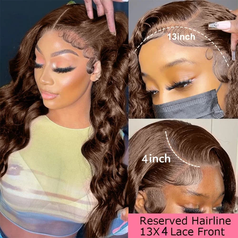 Body Wave Chocolate Brown Lace Front Wig Human Hair 220 Density Frontal Lace Wigs 30 Inch 13x6 HD Transparent Lace Human Wigs