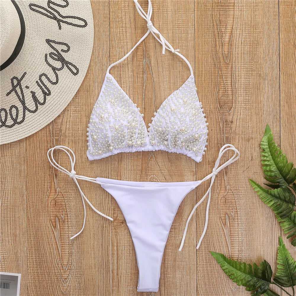 Pearl Bikini String Thong Swimsuit – Y2K Kawaii Two-Piece Swimwear
