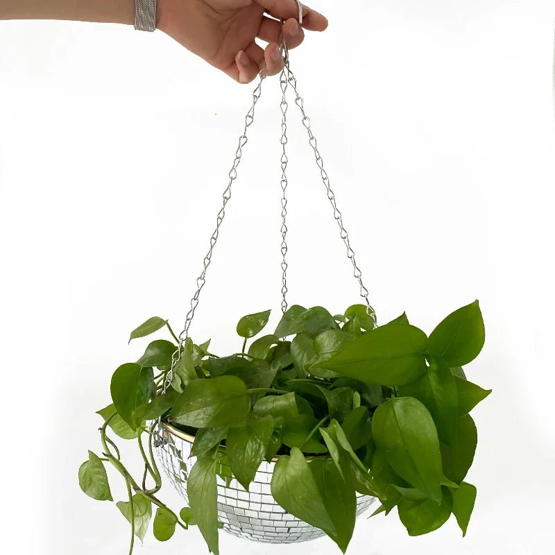 Disco Ball Hanging Flower Planter - Bohemian Rope Mirror Basket for Indoor Plants, Garden & Home Decor Vase