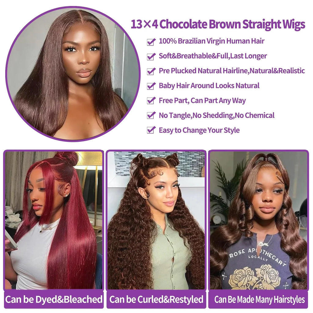 13X6 Chocolate Brown Lace Front Wigs 13X4 Bone Straight Human Hair 30 32 Inch Lace Frontal Colored Wig 100% Brazilian For Women