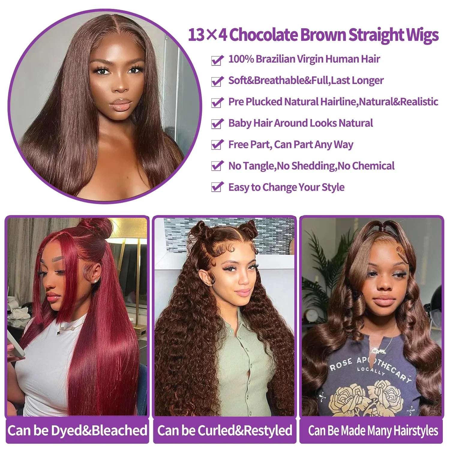 13X6 Chocolate Brown Lace Front Wigs 13X4 Bone Straight Human Hair 30 32 Inch Lace Frontal Colored Wig 100% Brazilian For Women