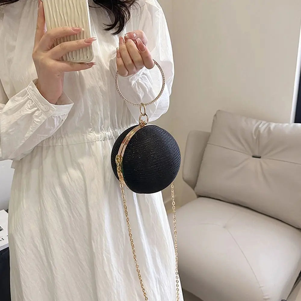 Gold Bright Silk Circular Evening Bag Women Banquet Clutch Rhinestone Decor Chain Shoulder Bags Luxury Female Party Handbags