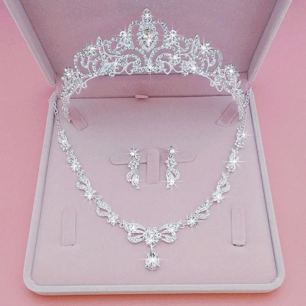 Korean Style Wedding Jewelry Set – Necklace, Earrings & Tiara for Women