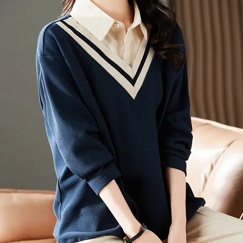 Women's Clothing 2022 Solid Loose T-Shirts Turn-down Collar Button Patchwork Autumn Winter Thin Preppy Style Casual Comfortable