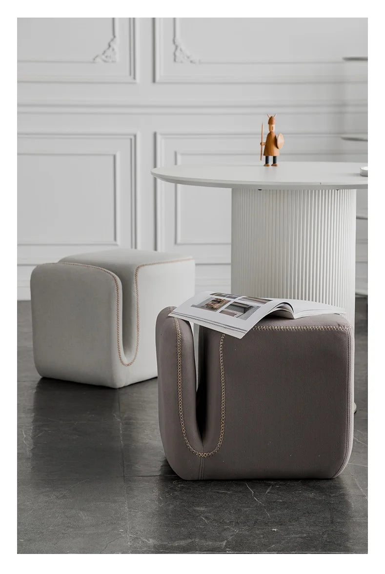 Nordic Hallway Pouf Ottoman – Fabric Shoe Changing Stool with Book Storage
