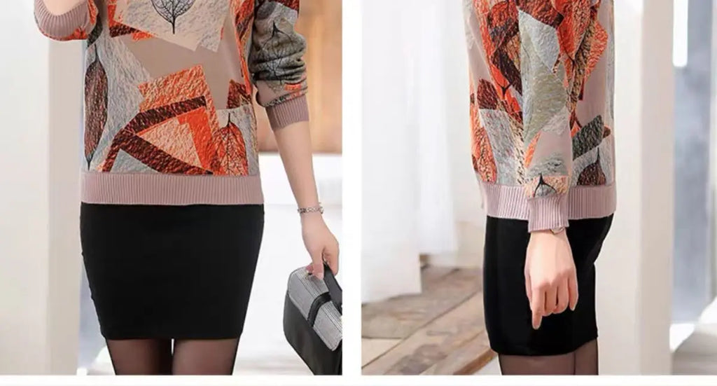 Women's Clothing 2022 Casual Plant Printed T-shirt Autumn Winter Fleece Warm Thick Fashion Knitted Spliced Turtleneck Pullovers