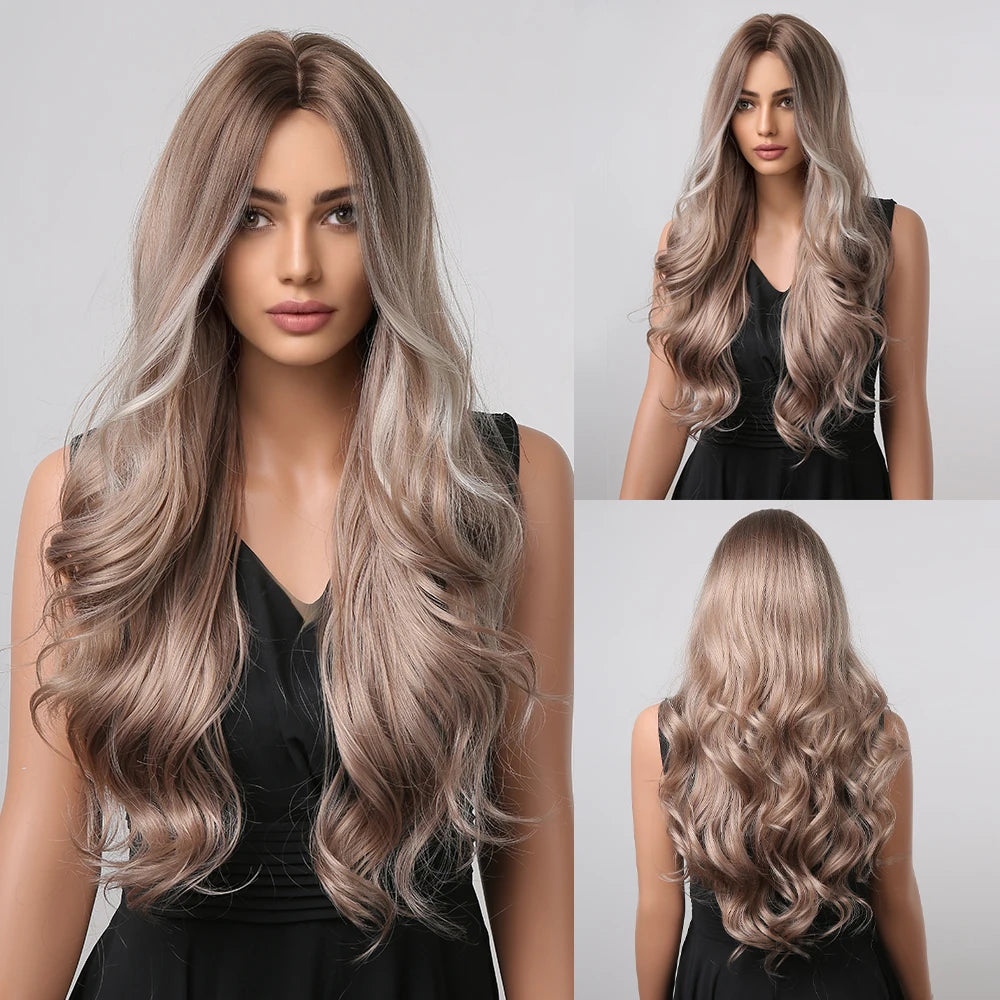 ALAN EATON Long Wavy Synthetic Wigs Ombre Black Pink Wigs for Women Cosplay Natural Middle Part Hair Wig High Temperature Fiber