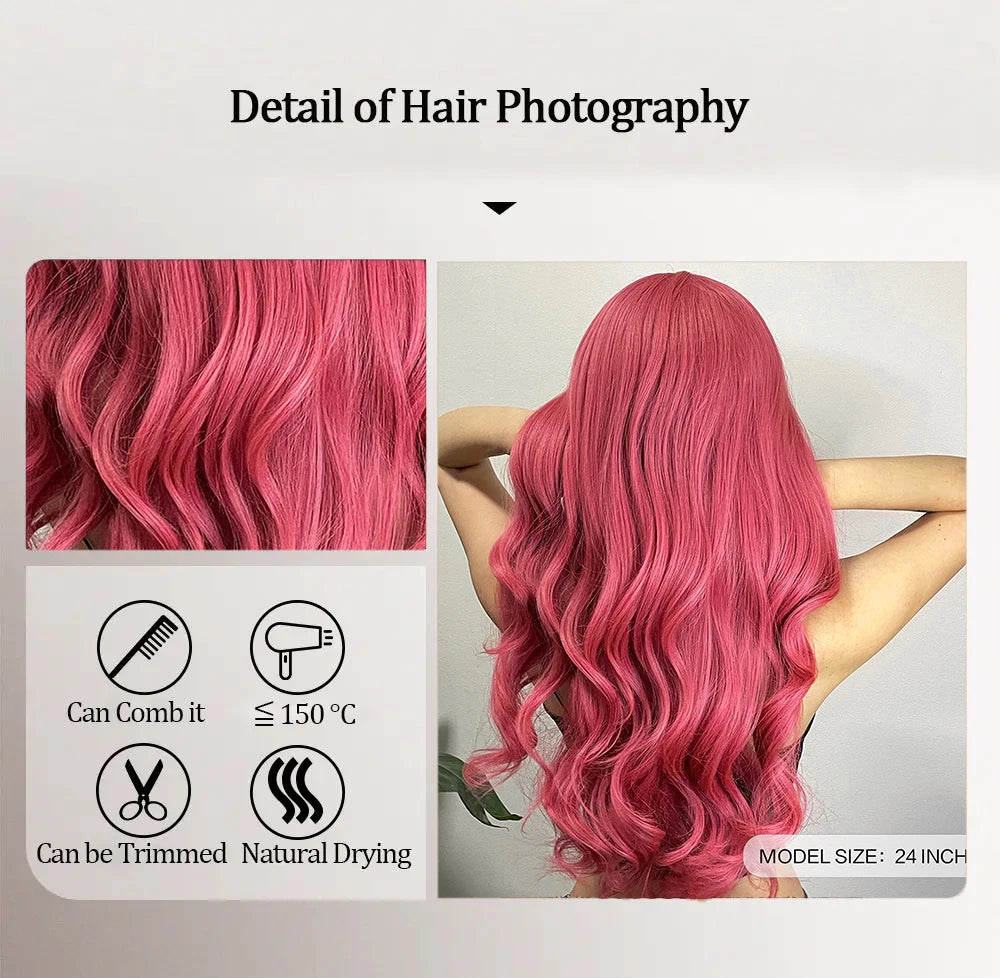 LOUIS FERRE Long Wavy Pink Synthetic Wigs with Bangs for Women Hot Pink Curly Heat Resistant Hair Wig for Cosplay Halloween Use