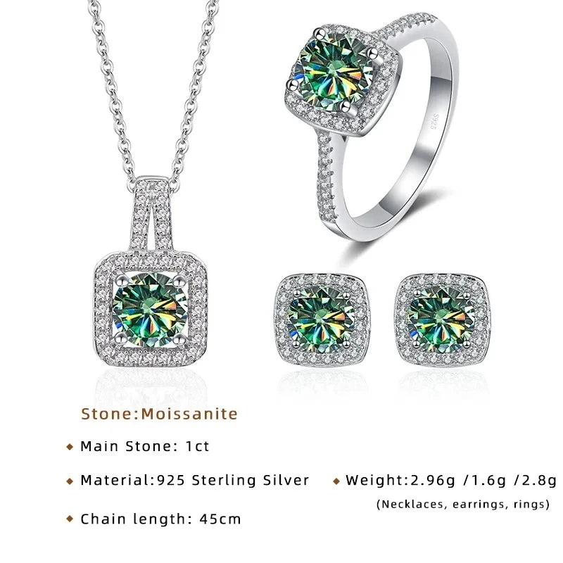 JoyceJelly S925 Sterling Silver Moissanite Diamond Jewelry Set – 1 Carat Necklace, Ring & Earrings