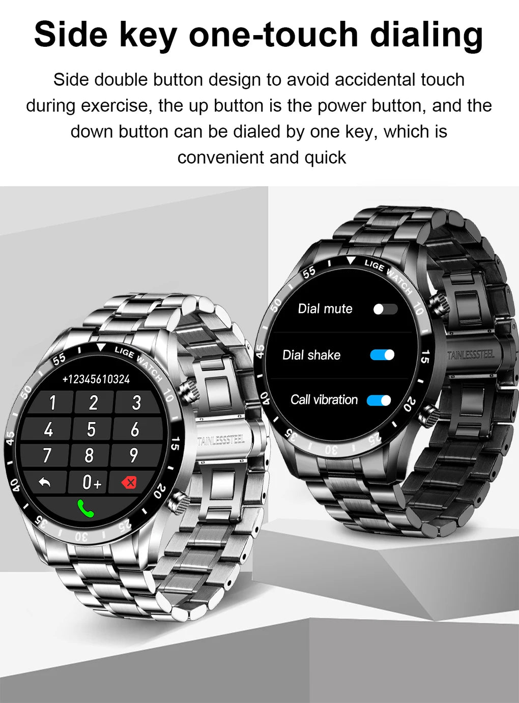 LIGE Men's Bluetooth Smartwatch – Full Touch Steel Sports Watch, IP67 Waterproof
