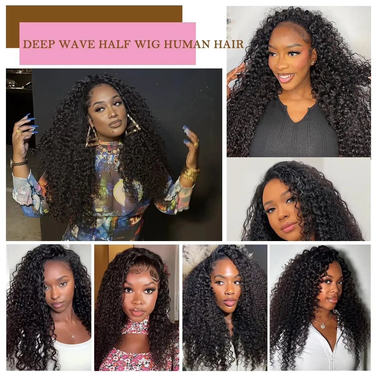 250% Density Deep Curly Half Wigs Human Hair Water Wave Wig Upgrade 3 IN 1 Half Wig With Drawstring Seamless Clip Ins Flip Over