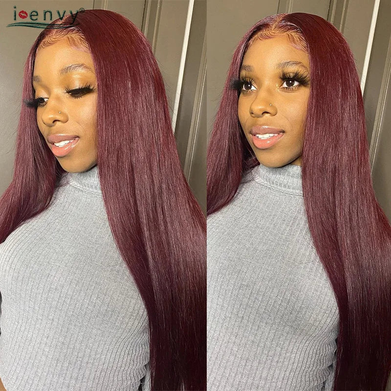 Ginger Blonde Lace Front Wigs Wear & Go 28inch Peruvian 13*1 Part Lace Front Human Hair Wig Remy 180% Colored Lace Wig Burgundy