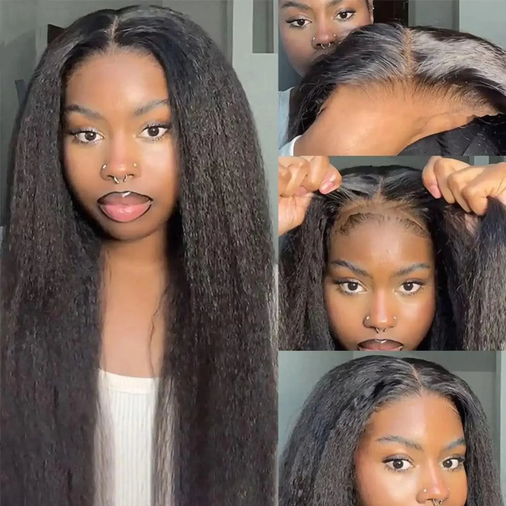 Glueless Kinky Straight Short Human Hair Wig 4x4 13x4 Frontal HD Transparent Lace Peruvain Remy Soft Yaki Wig Ready To Wear