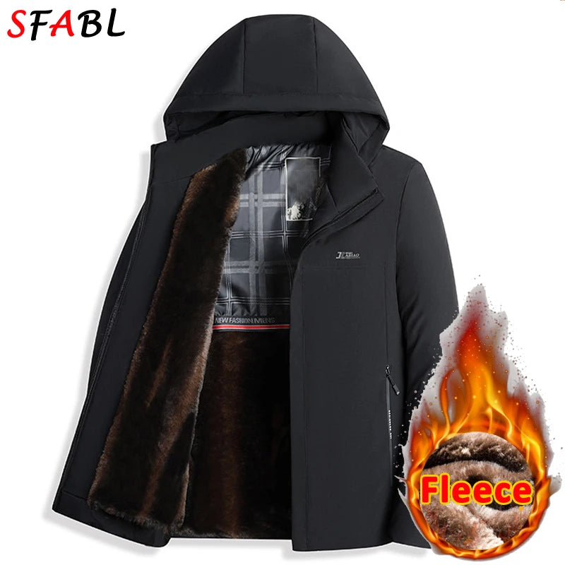 Men's Hooded Fleece-Lined Winter Parka – Korean Style Zip Jacket with Pockets