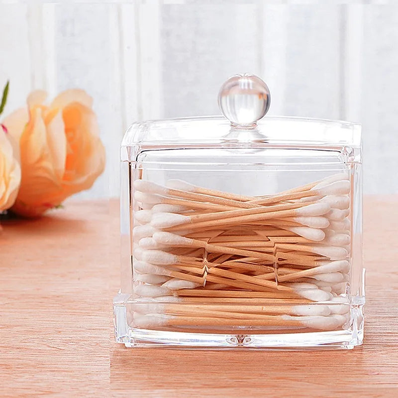 Acrylic Storage Box Bathroom Jar Makeup Organizer Cotton Round Pad Holder Cotton Swab Box Qtip Holder Dispenser with Bamboo Lid
