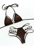 Hollow Halter Bikini Set with Metal Ring – Women's Solid Swimwear