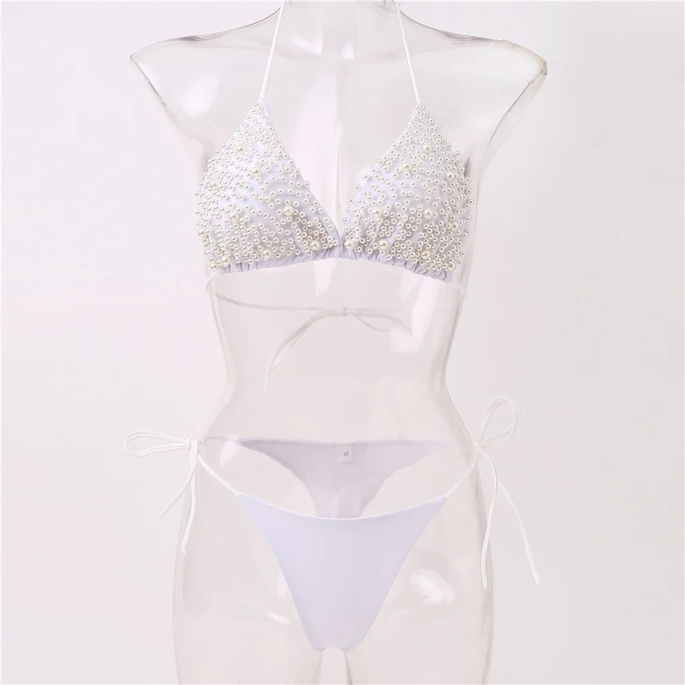 Pearl Bikini String Thong Swimsuit – Y2K Kawaii Two-Piece Swimwear