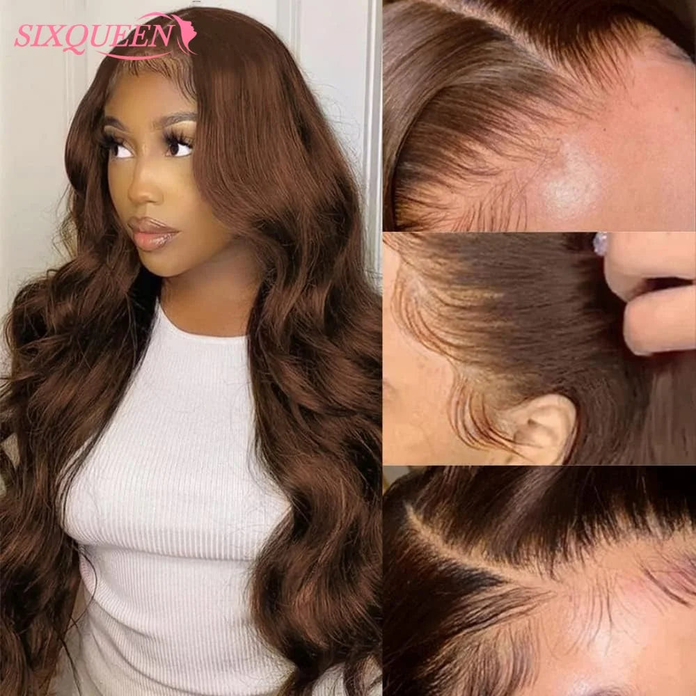 Body Wave Chocolate Brown Lace Front Wig Human Hair 220 Density Frontal Lace Wigs 30 Inch 13x6 HD Transparent Lace Human Wigs