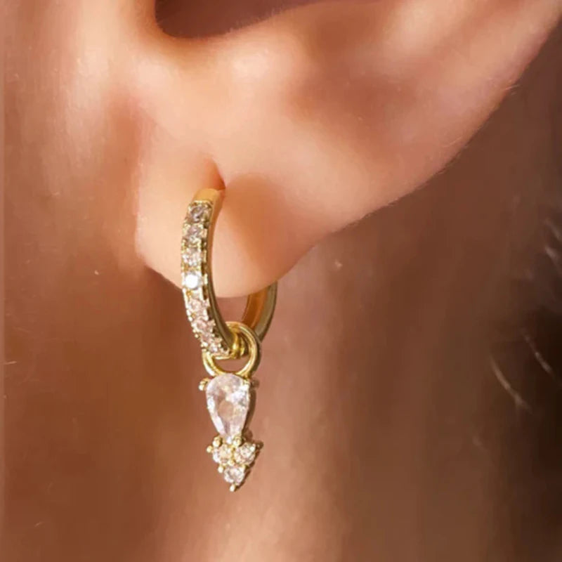 WOMEN 925 Silver Needle Water Drop Geometric Zircon White Zircon Crystal Flowers Pendant Hoop Earrings Fashion Wedding Jewelry
