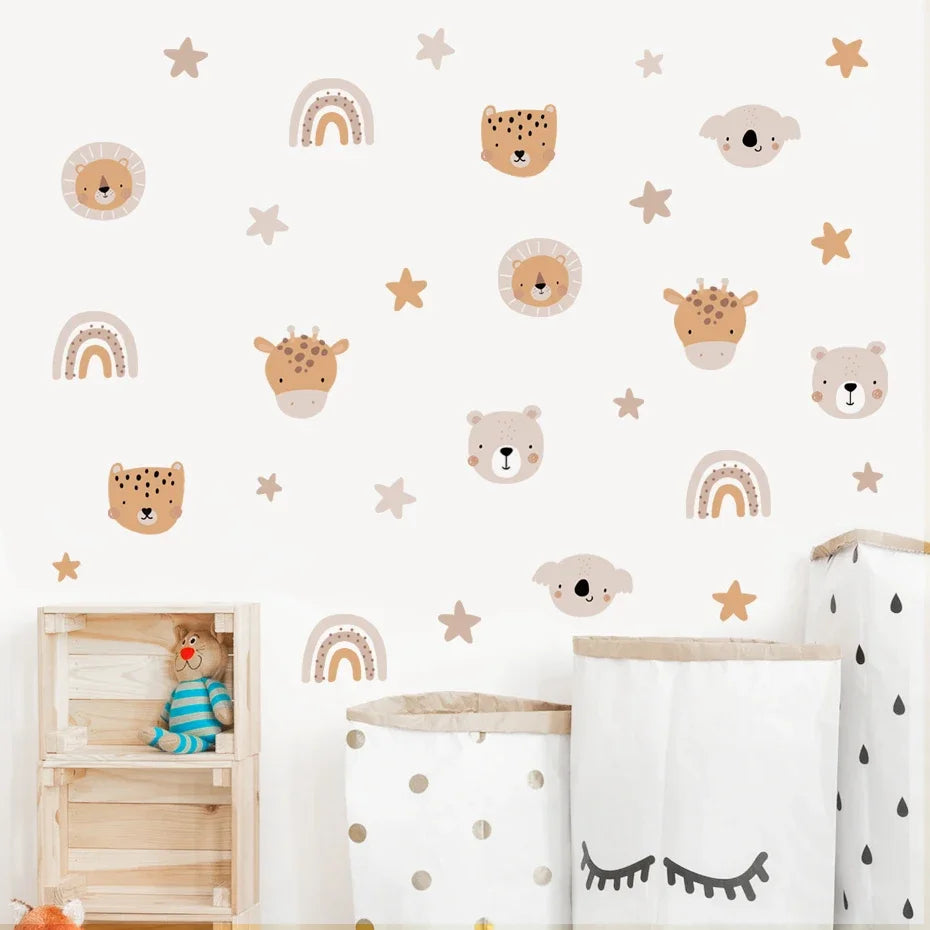 Boho Rainbow Bear Nursery Wall Decals | Cute Cartoon Animals & Stars Kids Room Stickers | Girls Bedroom Home Decor
