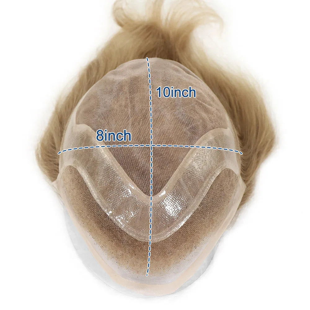 Human Hair Prosthesis for Men Toupee Breathable Lace Front with PU Mens Wig Replacement System Blonde Hairpiece 8x10inch
