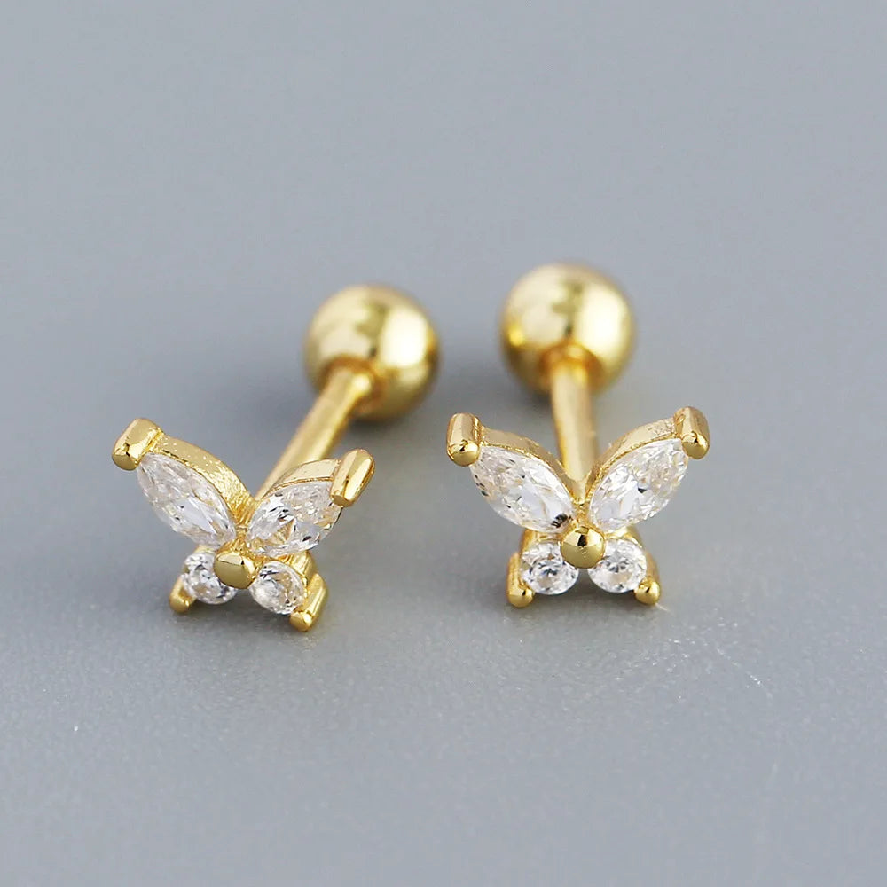 PONYKISS Silver Color Zircon Butterfly Bead Stud Earrings for Women Cute Fashion Jewelry Insect Accessories