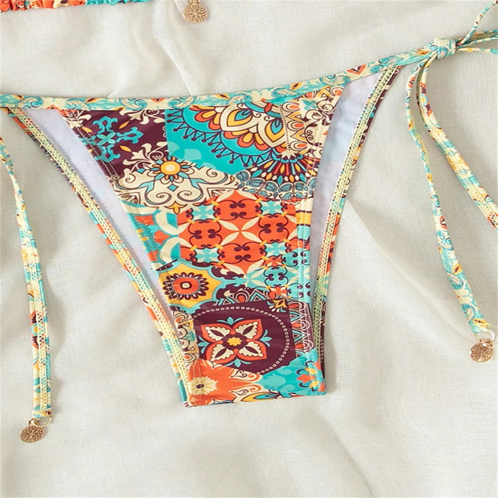 Boho Print Halter String Lace-Up Bikini – Women's Y2K Vacation Swimsuit