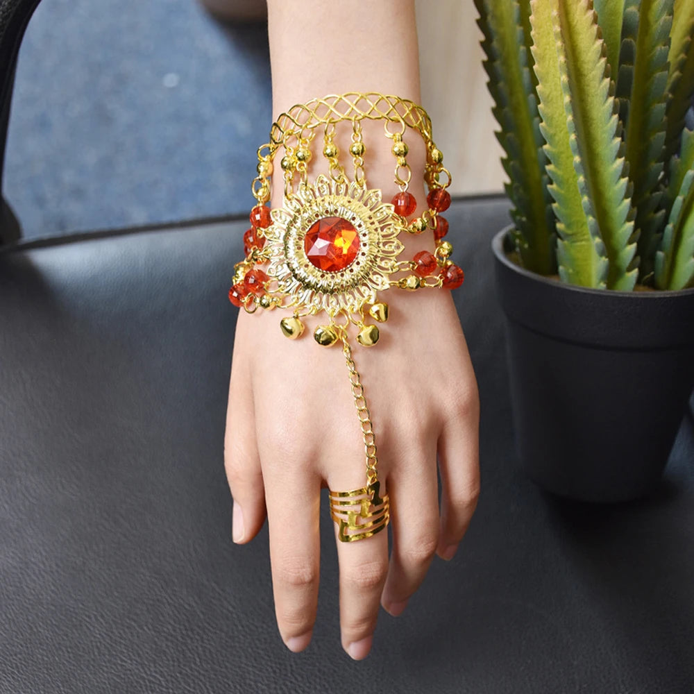 Indian Belly Dance Jewelry Set – Crystal Bell Tassel Necklace, Earrings, Bracelet & Hair Accessories