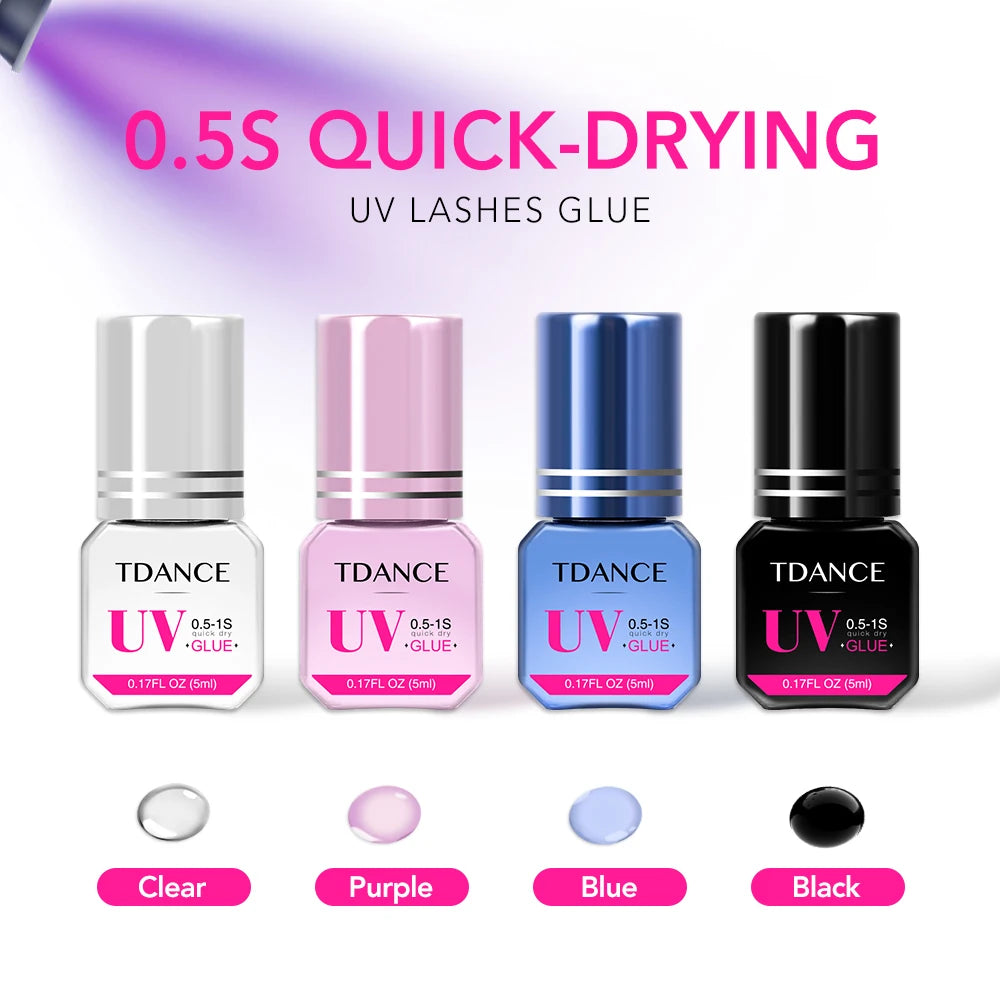 TDANCE UV Glue Supplies 0.5S-1S Quick Drying Clear Black Purple Blue Color UV Adhesive Makeup Tool Strongest Fastest Glue
