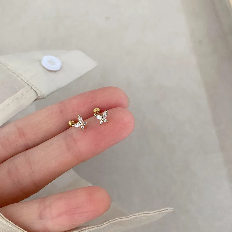 PONYKISS Silver Color Zircon Butterfly Bead Stud Earrings for Women Cute Fashion Jewelry Insect Accessories