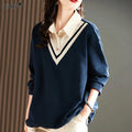 Women's Clothing 2022 Solid Loose T-Shirts Turn-down Collar Button Patchwork Autumn Winter Thin Preppy Style Casual Comfortable