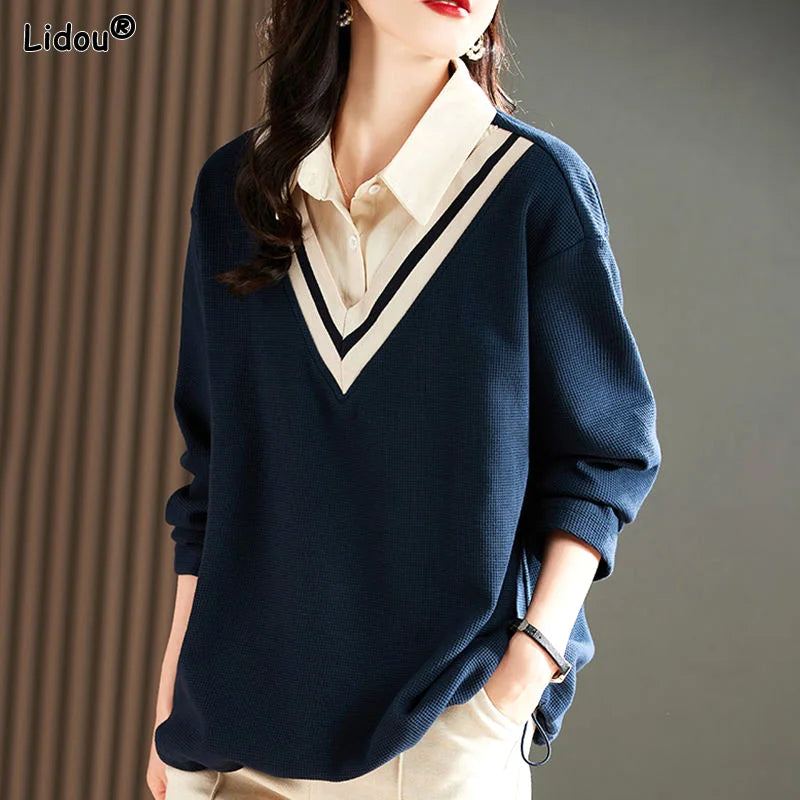 Women's Clothing 2022 Solid Loose T-Shirts Turn-down Collar Button Patchwork Autumn Winter Thin Preppy Style Casual Comfortable